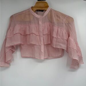 Zara Pink Lightweight Button Up Ruffle romantic Blouse Long Sleeve NEW Sz S